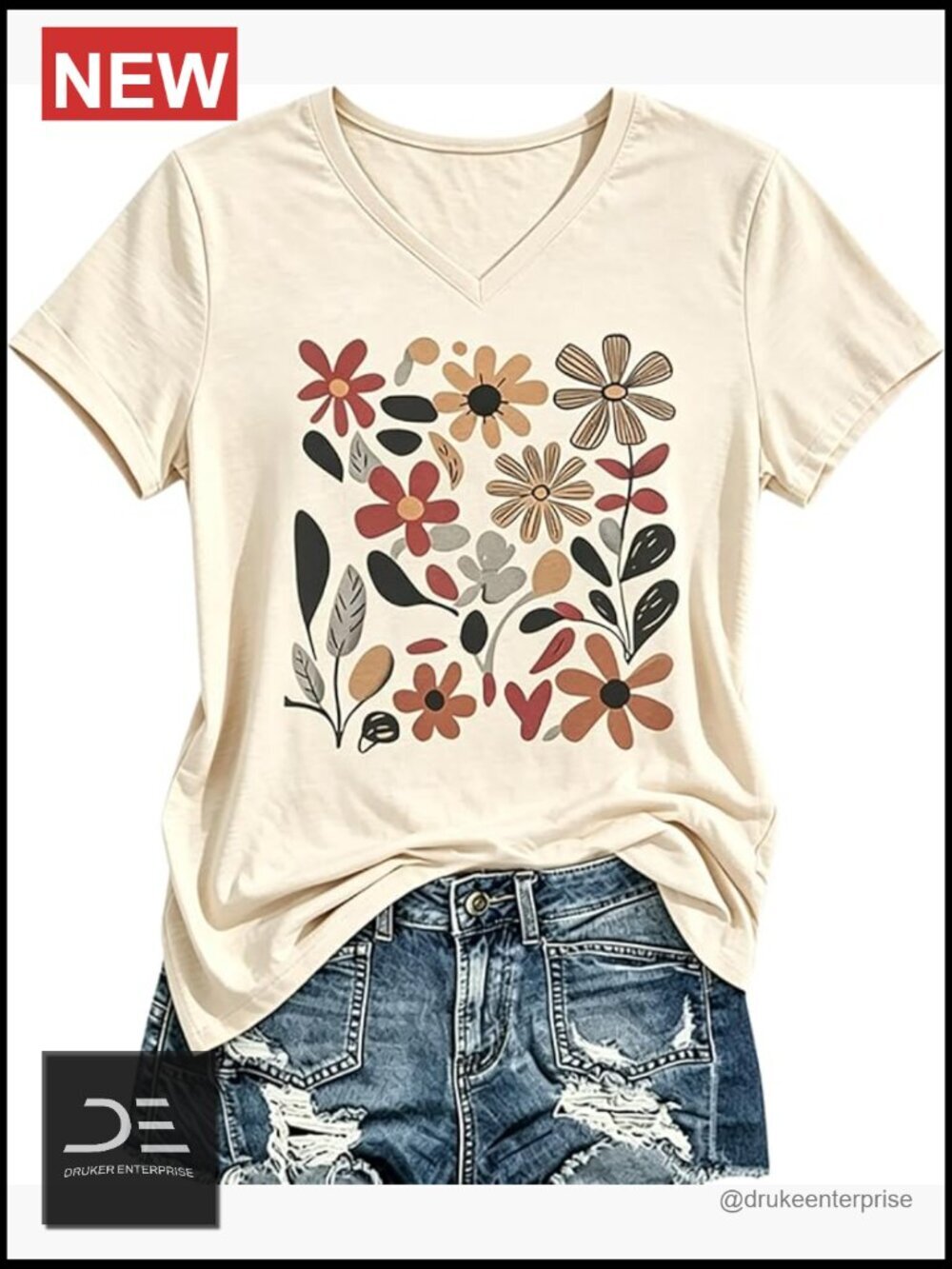 Boho Floral Wildflowers Graphic Short Sleeve V-Neck T-Shirt